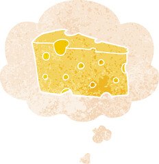 cartoon cheese with thought bubble in grunge distressed retro textured style