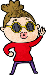 cartoon waving woman wearing sunglasses