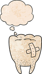 cartoon bad tooth with thought bubble in grunge texture style