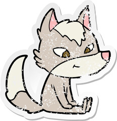 distressed sticker of a friendly cartoon wolf