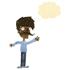 cartoon waving mustache man with thought bubble