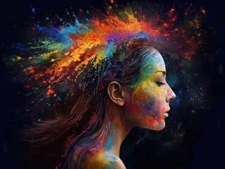 Beautiful women's Hair painted in Rainbow colors, Holi, Paint, colors, and color particles, Generative AI
