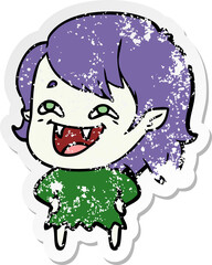 distressed sticker of a cartoon laughing vampire girl
