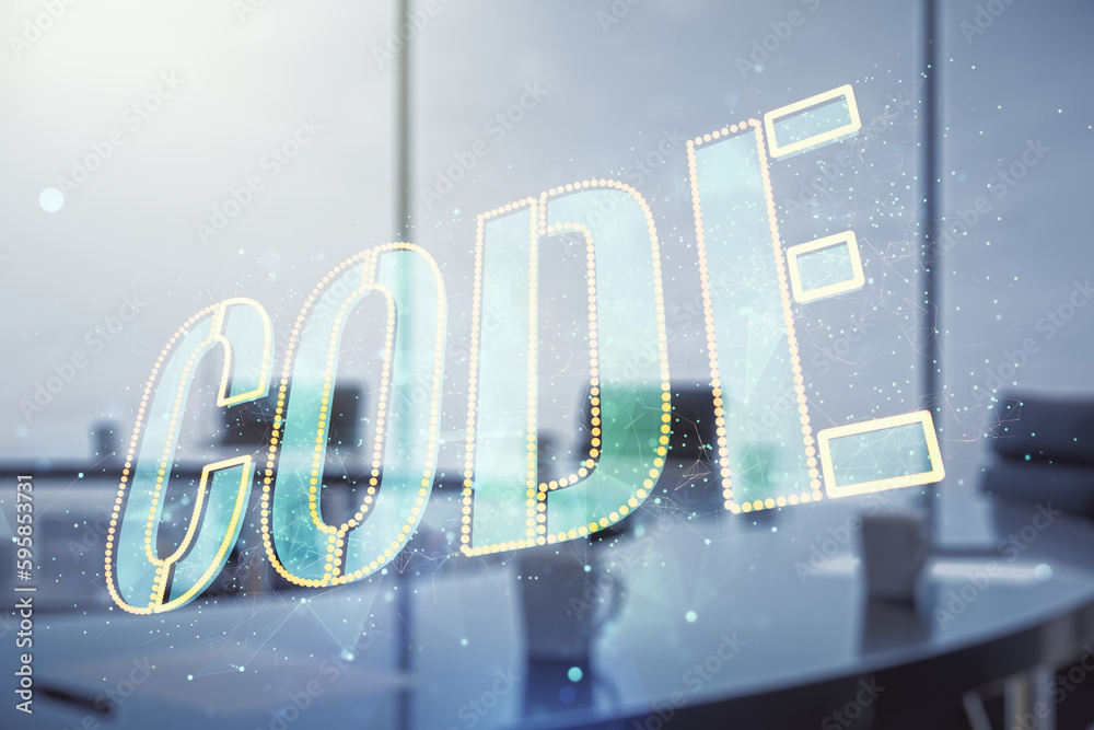 Poster Code word hologram on a modern coworking room background, international software development concept. Multiexposure