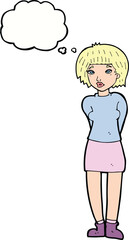 cartoon shy woman with thought bubble