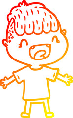 warm gradient line drawing of a cartoon happy boy laughing