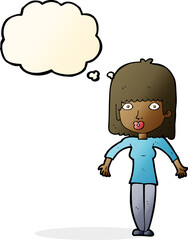 cartoon woman shrugging with thought bubble