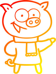 warm gradient line drawing of a cheerful pig wearing winter clothes cartoon