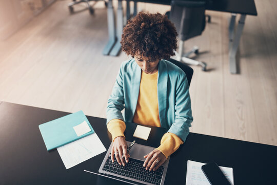 Young businesswoman working on a laptop at her office desk