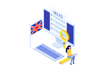 English Proficiency Test and Exam. IELTS International English Language Testing System. Isometric Vector illustration.