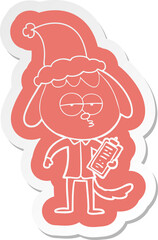 quirky cartoon  sticker of a bored dog in office clothes wearing santa hat