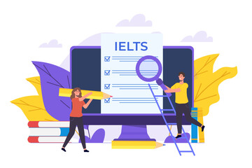 English Proficiency Test and Exam. IELTS International English Language Testing System. Vector illustration.