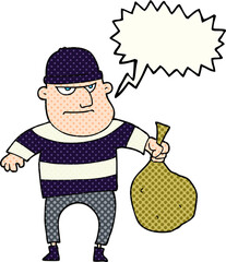 freehand drawn comic book speech bubble cartoon burglar with loot bag