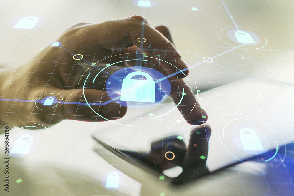 Aufkleber creative lock sketch with chip hologram and hand working with a digital tablet on background, protec