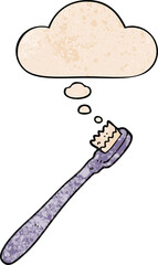 cartoon toothbrush with thought bubble in grunge texture style