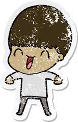 distressed sticker of a happy cartoon boy