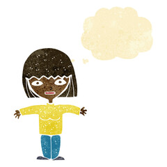 cartoon woman with open arms with thought bubble