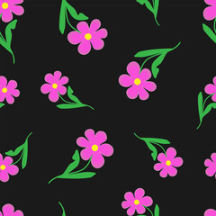 Fototapeta na wymiar vector doodle illustration seamless pattern stylized pink kosmeya meadow flowers on black background