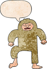 cartoon bigfoot with speech bubble in retro texture style