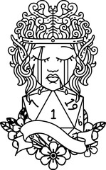 Fototapeta na wymiar Black and White Tattoo linework Style sad elf barbarian character face with natural one D20 roll