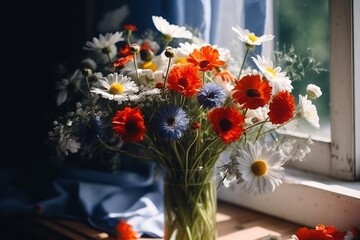 bouquet of wild flowers in a vase on the windowsill