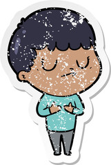 distressed sticker of a cartoon grumpy boy