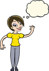 cartoon woman waving with thought bubble