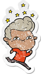 distressed sticker of a cartoon excited man