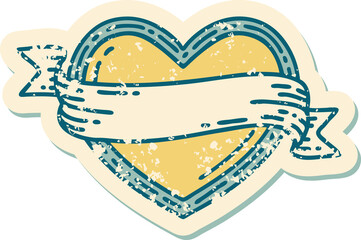 iconic distressed sticker tattoo style image of a heart and banner
