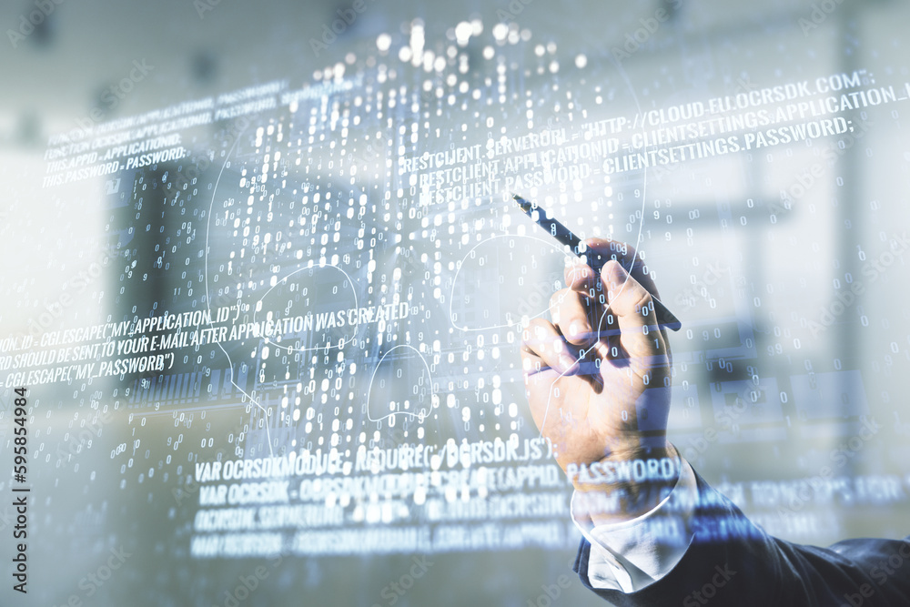 Poster man hand with pen working with abstract virtual code skull illustration on blurred office background