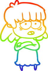 rainbow gradient line drawing of a cartoon tired woman