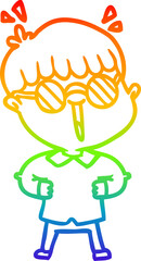 rainbow gradient line drawing of a cartoon boy wearing spectacles