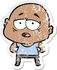 distressed sticker of a cartoon tired bald man