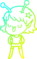 cold gradient line drawing of a happy alien girl cartoon