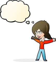cartoon woman gesturing with thought bubble