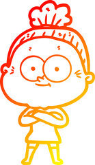 warm gradient line drawing of a cartoon happy old woman