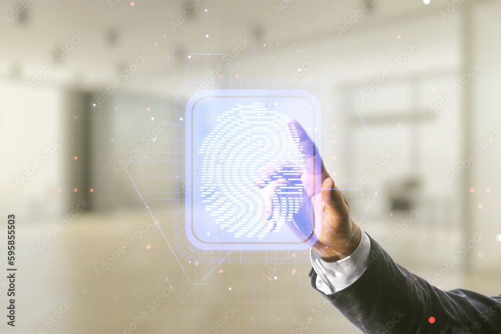 Aufkleber Multi exposure of developer's hand clicks on virtual graphic fingerprint sketch on blurred office background, fingerprint scan data concept