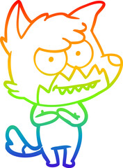 rainbow gradient line drawing of a cartoon grinning fox