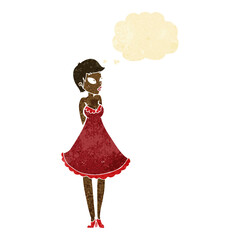 cartoon pretty woman in dress with thought bubble