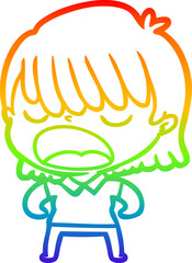 rainbow gradient line drawing of a cartoon woman talking loudly