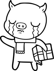 cartoon pig crying over christmas present