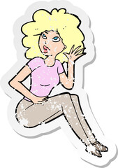retro distressed sticker of a cartoon woman listening