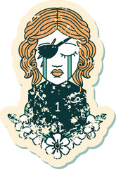 grunge sticker of a crying human rogue with natural one d20 roll