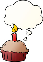 cartoon birthday cupcake with thought bubble in smooth gradient style