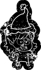 quirky cartoon distressed icon of a elf girl staring wearing santa hat