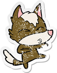 distressed sticker of a cartoon wolf whistling