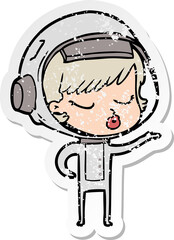 distressed sticker of a cartoon pretty astronaut girl
