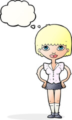 cartoon woman with hands on hips with thought bubble