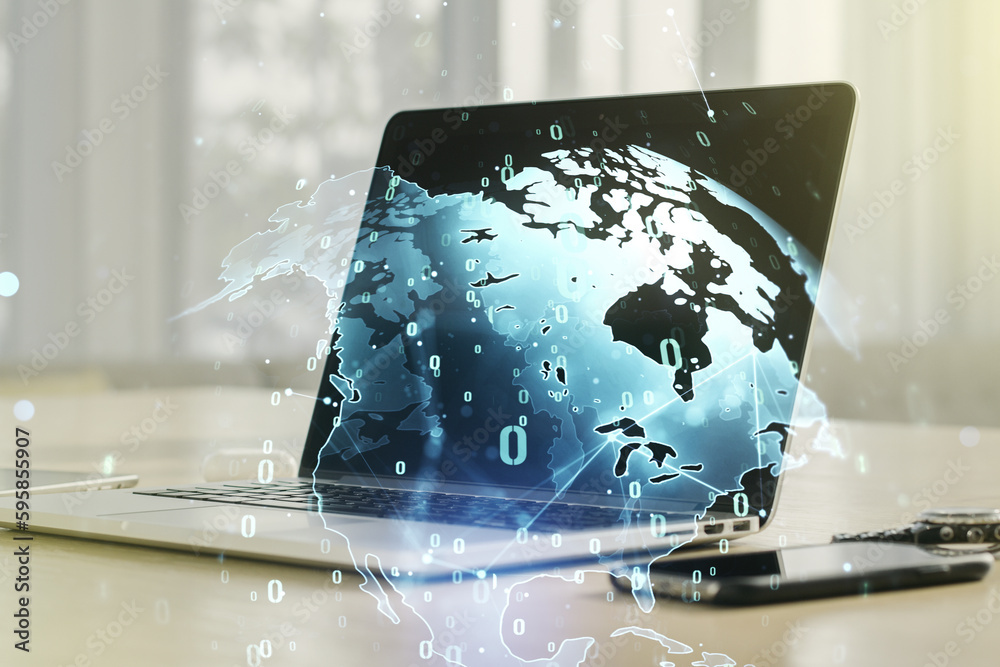 Aufkleber multi exposure of abstract software development hologram with world map on laptop background, global