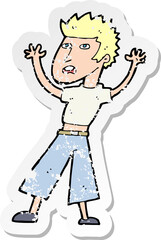 retro distressed sticker of a cartoon man panicking